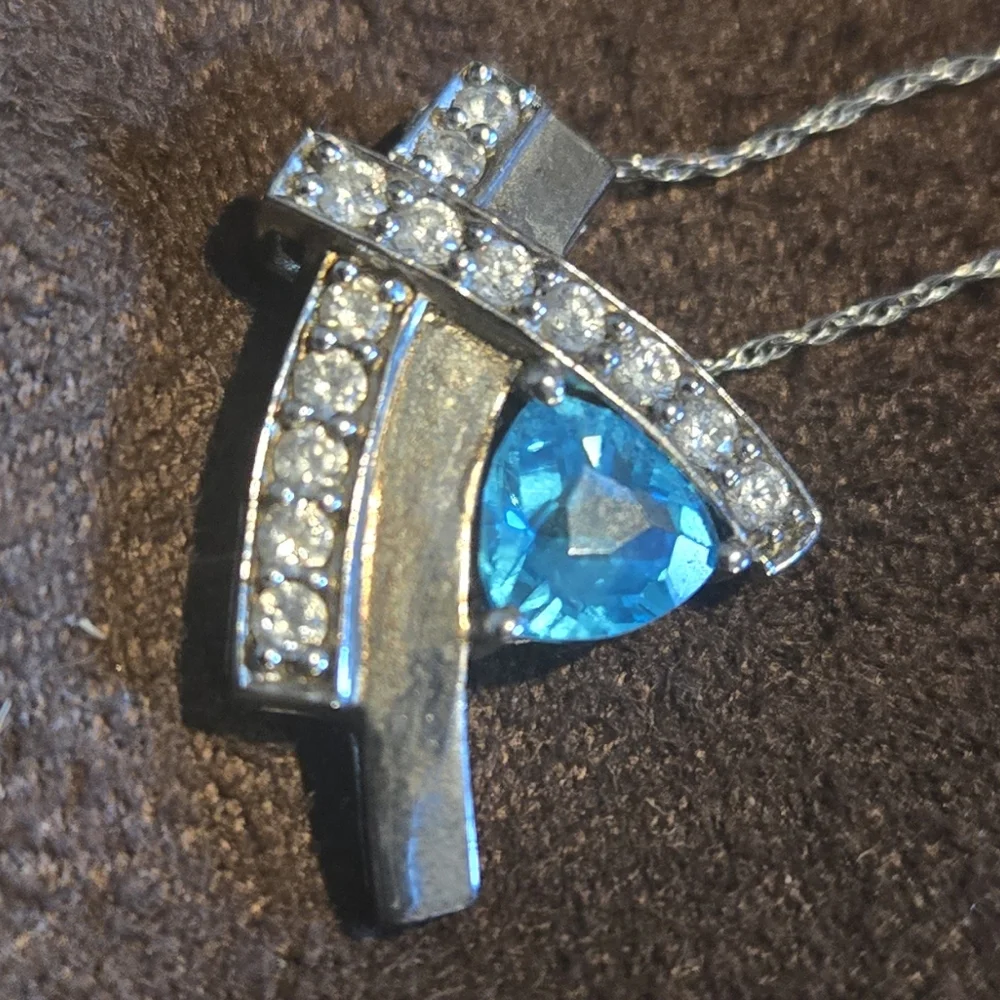10k Chain 925 Sterling Pendant With Blue And White Topaz Stones - Picture 2 of 4